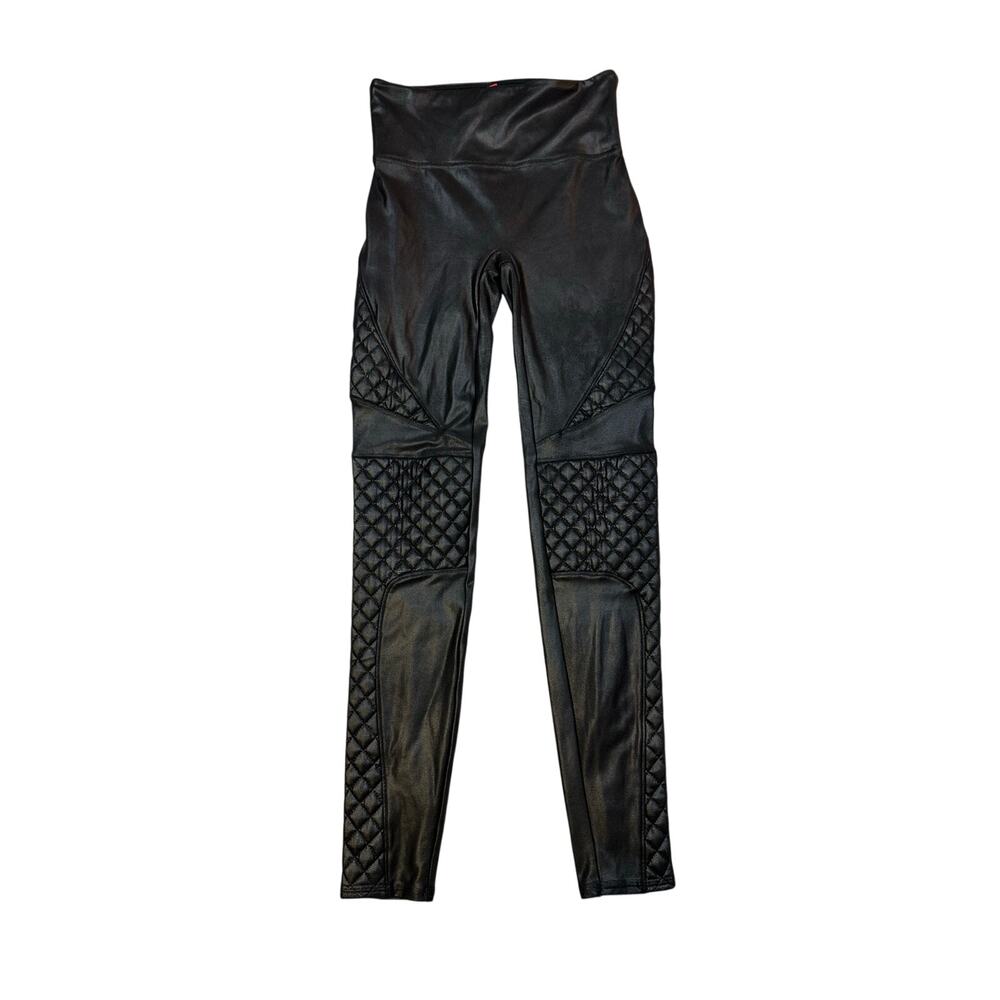 SPANX Faux Leather Moto Leggings Black Quilted High Rise Women's S/P Small - Picture 3 of 11
